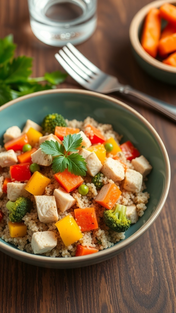 A healthy quinoa chicken and vegetable bowl with colorful ingredients, garnished with parsley, on a wooden table.